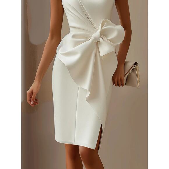 Fehaute White 3D Bow Sleeveless Sheath Midi Dress size Large Graduation Bridal - Picture 3 of 8